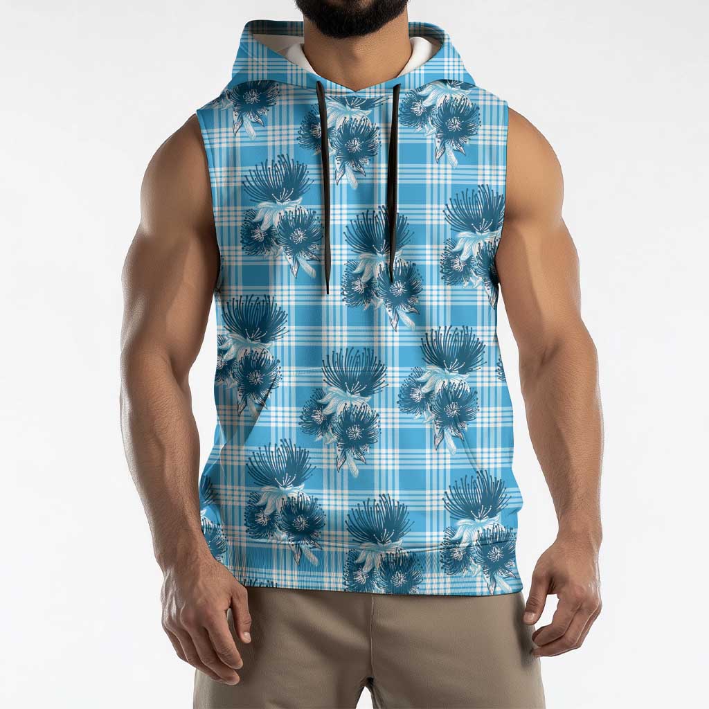 Blue Palaka Hawaii Sleeveless Hoodie Hawaiian Lehua Blossoms