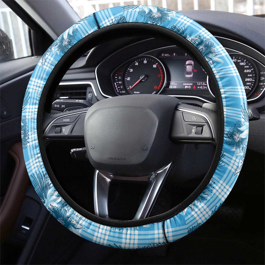 Blue Palaka Hawaii Steering Wheel Cover Hawaiian Lehua Blossoms