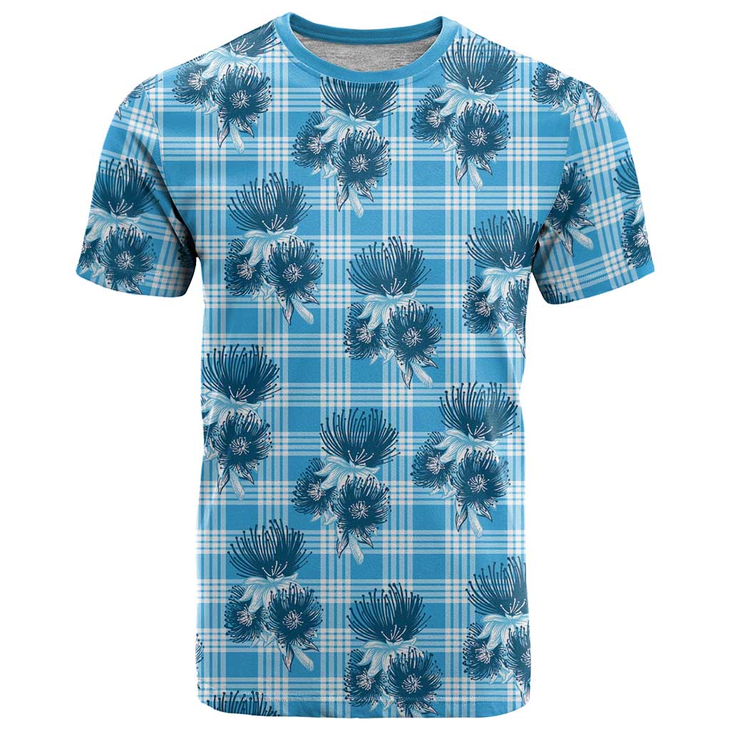 Blue Palaka Hawaii T Shirt Hawaiian Lehua Blossoms
