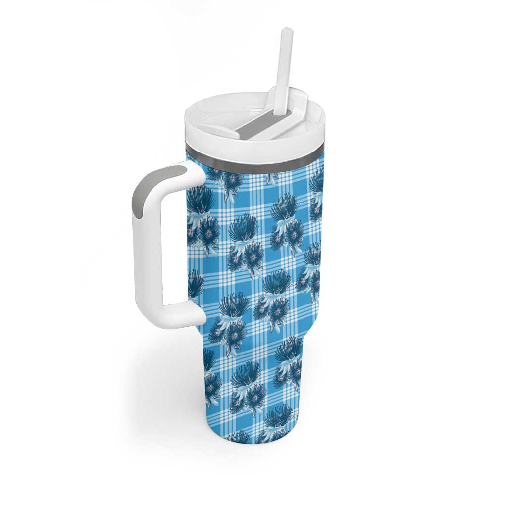 Blue Palaka Hawaii Tumbler With Handle Hawaiian Lehua Blossoms