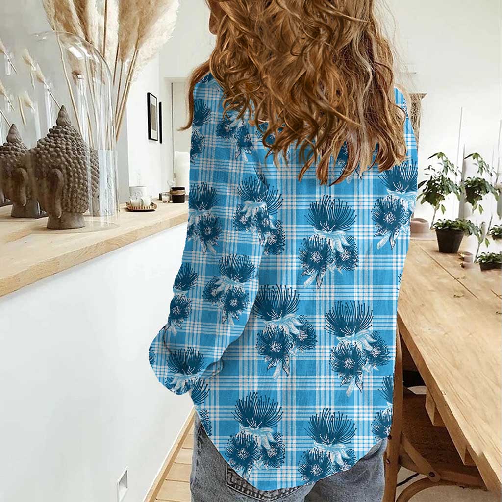 Blue Palaka Hawaii Women Casual Shirt Hawaiian Lehua Blossoms