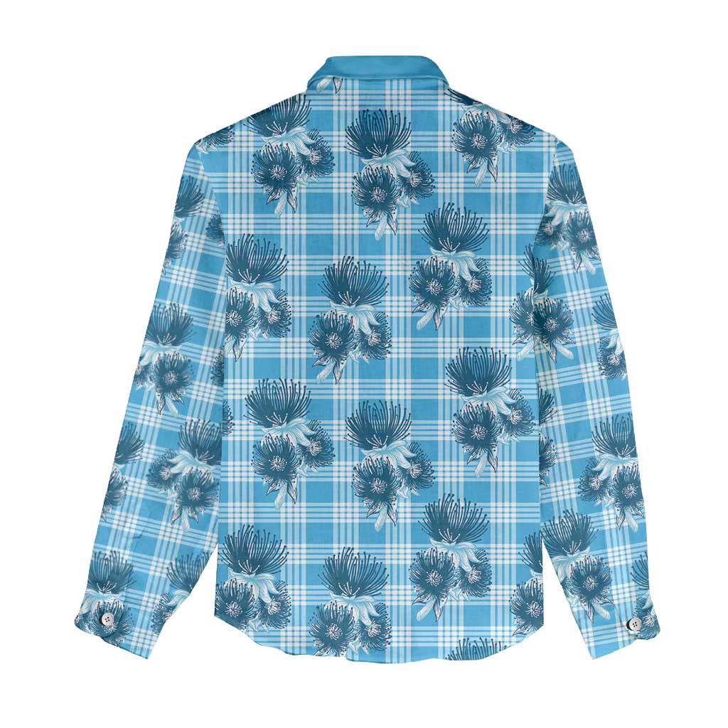 Blue Palaka Hawaii Women Casual Shirt Hawaiian Lehua Blossoms