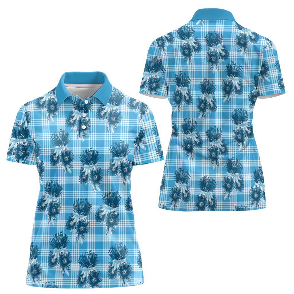Blue Palaka Hawaii Women Polo Shirt Hawaiian Lehua Blossoms