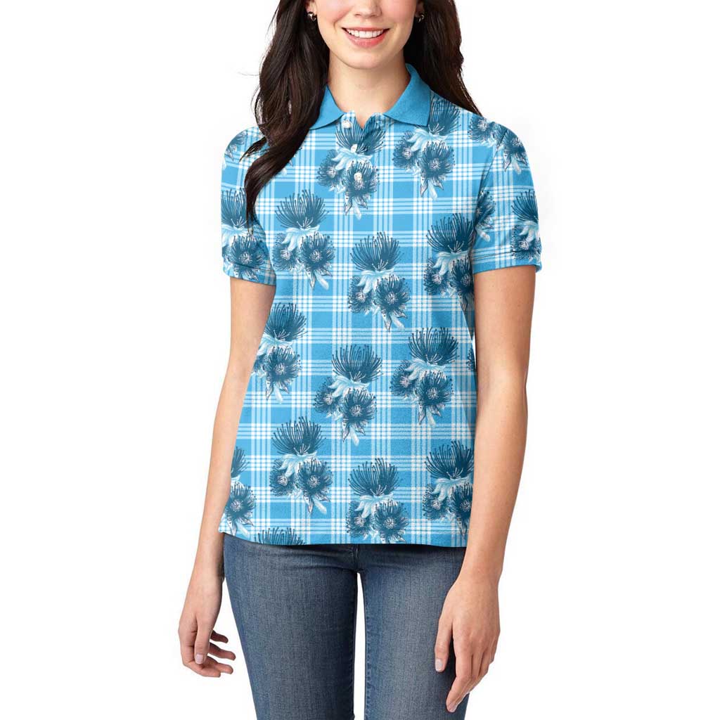 Blue Palaka Hawaii Women Polo Shirt Hawaiian Lehua Blossoms