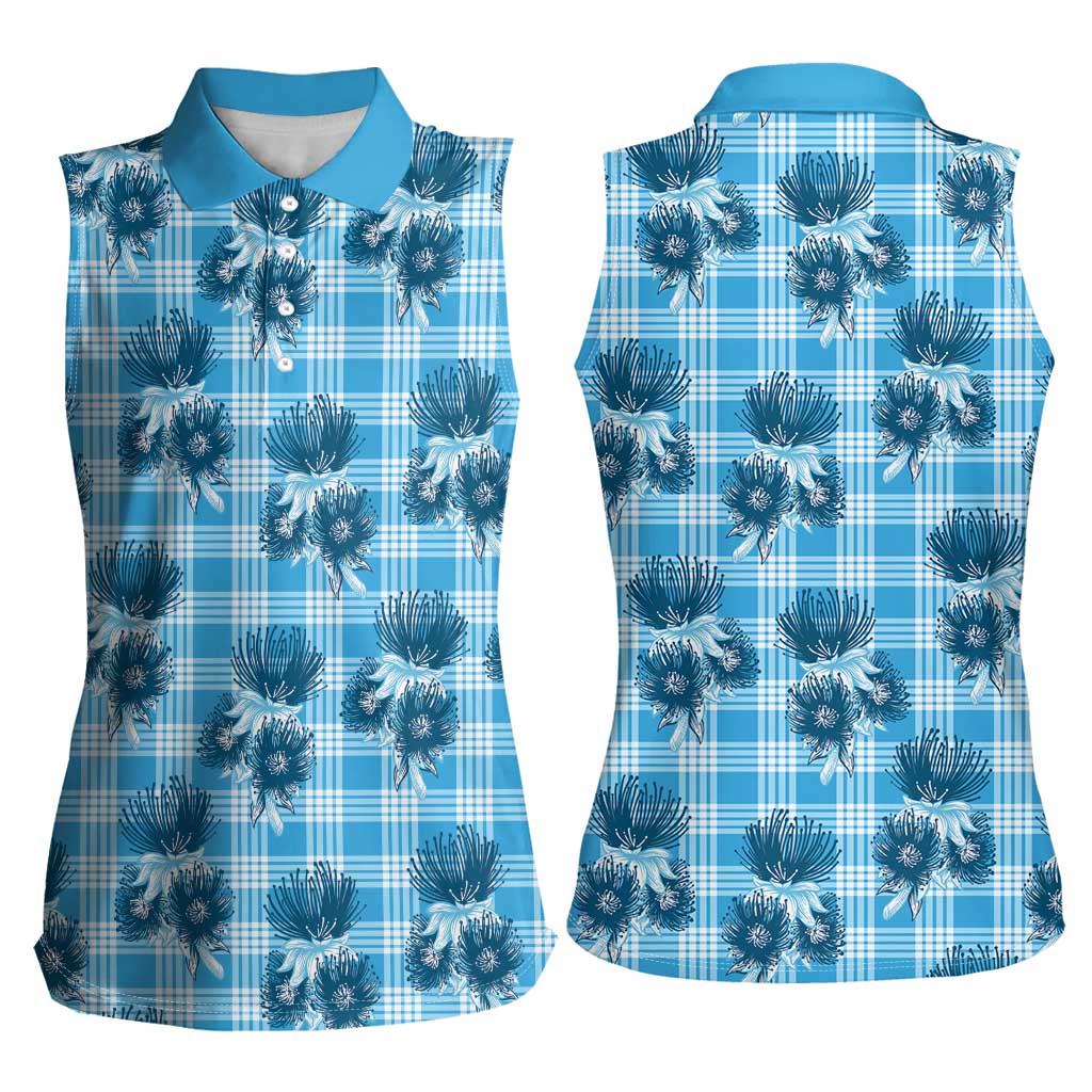 Blue Palaka Hawaii Women Sleeveless Polo Shirt Hawaiian Lehua Blossoms