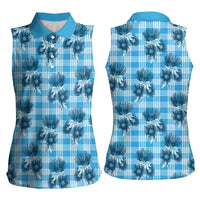 Blue Palaka Hawaii Women Sleeveless Polo Shirt Hawaiian Lehua Blossoms