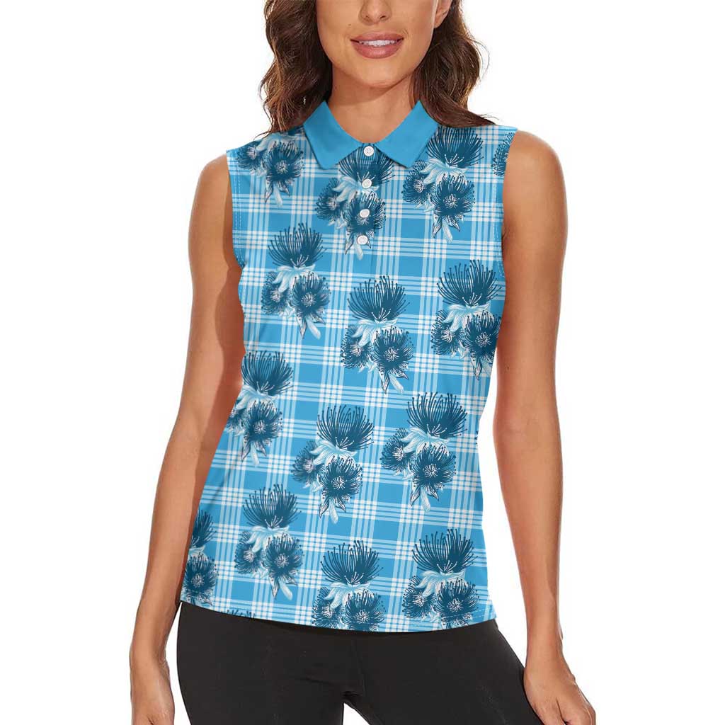 Blue Palaka Hawaii Women Sleeveless Polo Shirt Hawaiian Lehua Blossoms