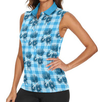 Blue Palaka Hawaii Women Sleeveless Polo Shirt Hawaiian Lehua Blossoms