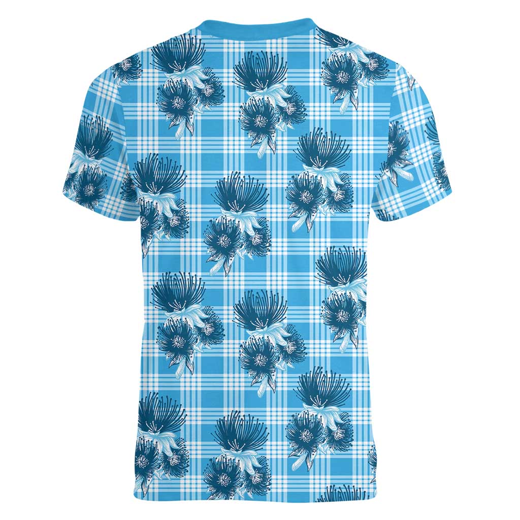 Blue Palaka Hawaii Women V-Neck T-Shirt Hawaiian Lehua Blossoms
