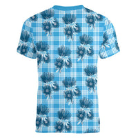 Blue Palaka Hawaii Women V-Neck T-Shirt Hawaiian Lehua Blossoms