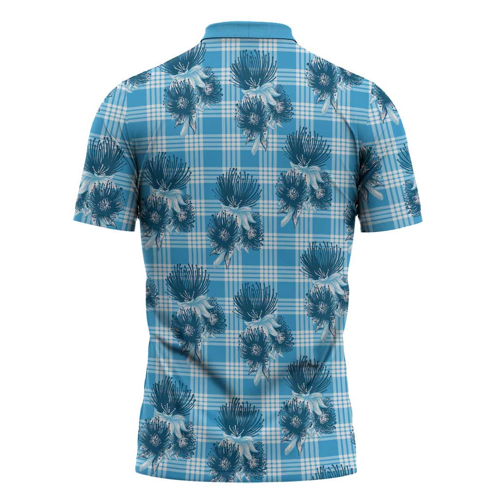 Blue Palaka Hawaii Zipper Polo Shirt Hawaiian Lehua Blossoms