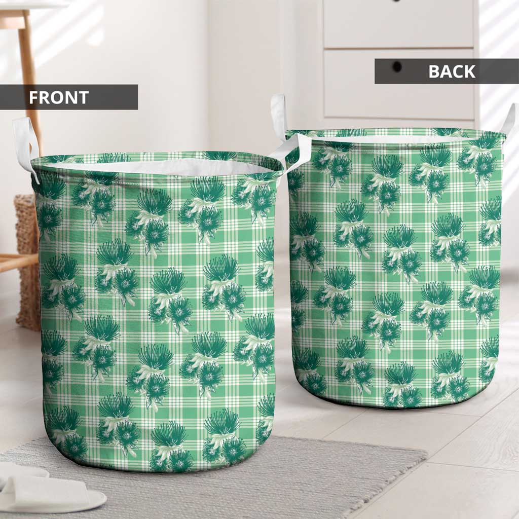 Green Palaka Hawaii Laundry Basket Hawaiian Lehua Blossoms