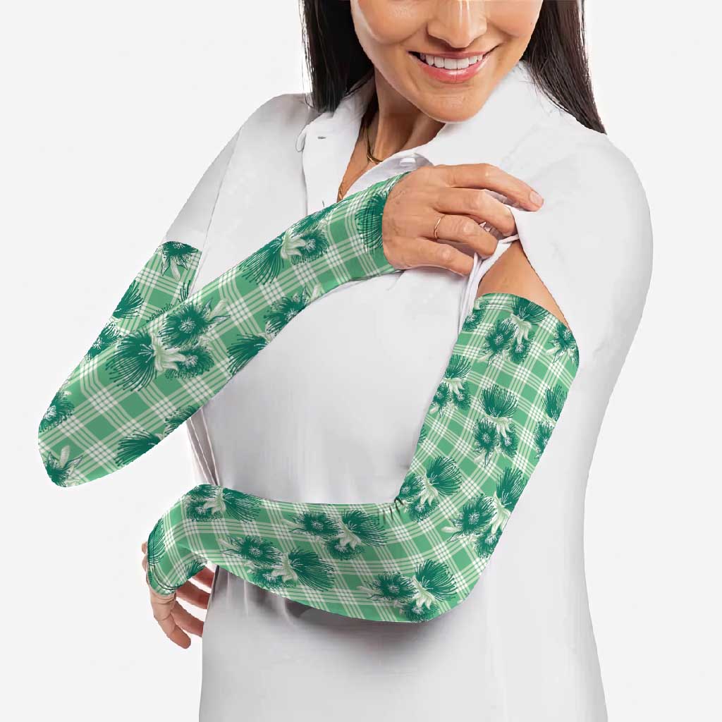 Green Palaka Hawaii Arm Sleeves Hawaiian Lehua Blossoms
