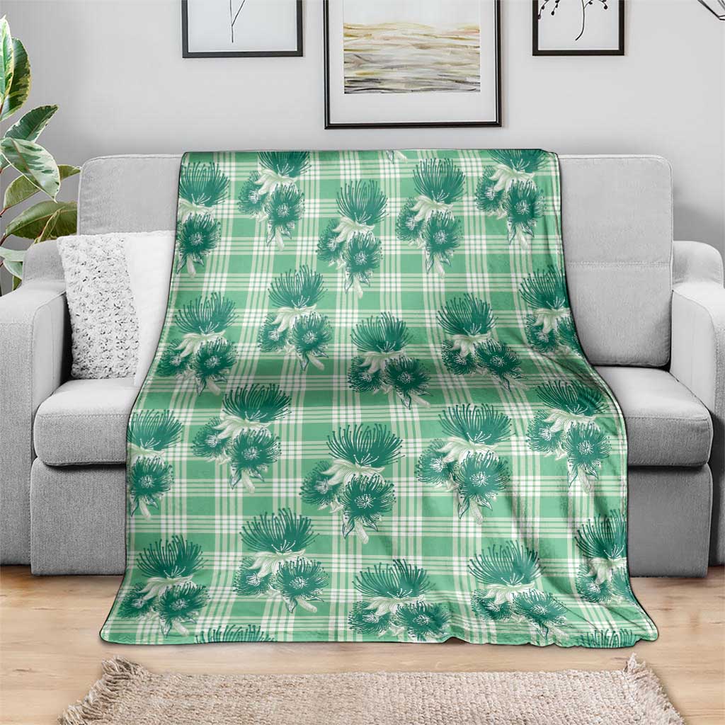 Green Palaka Hawaii Blanket Hawaiian Lehua Blossoms