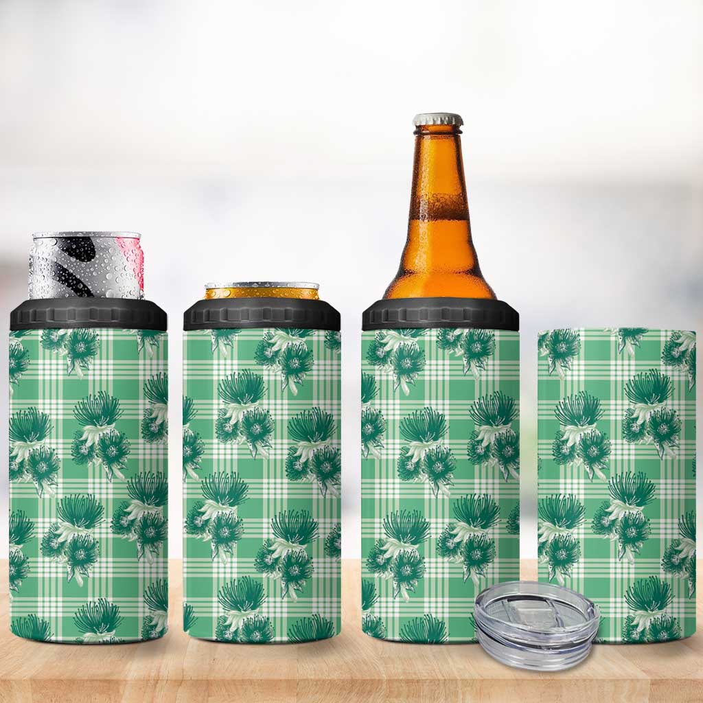 Green Palaka Hawaii 4 in 1 Can Cooler Tumbler Hawaiian Lehua Blossoms
