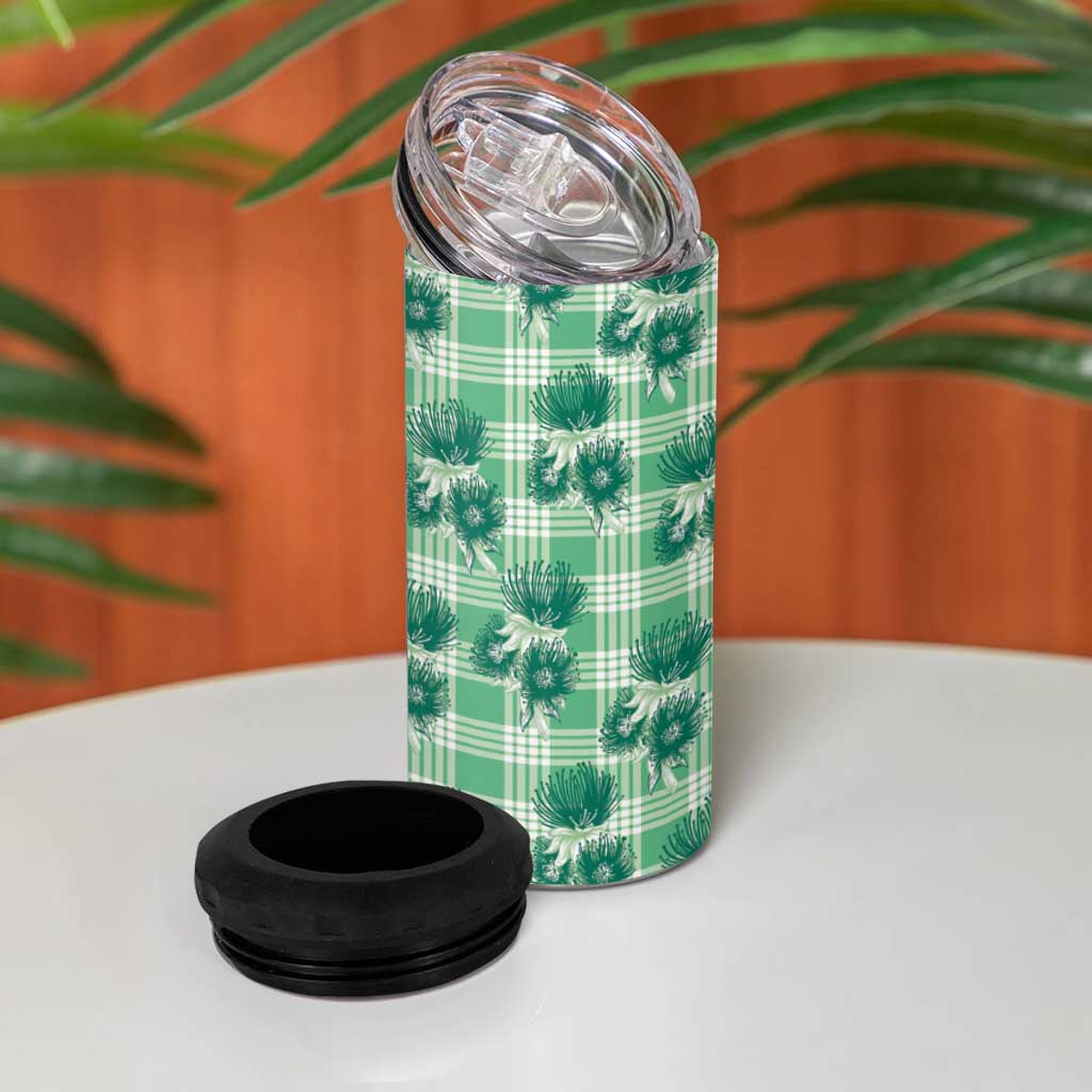 Green Palaka Hawaii 4 in 1 Can Cooler Tumbler Hawaiian Lehua Blossoms