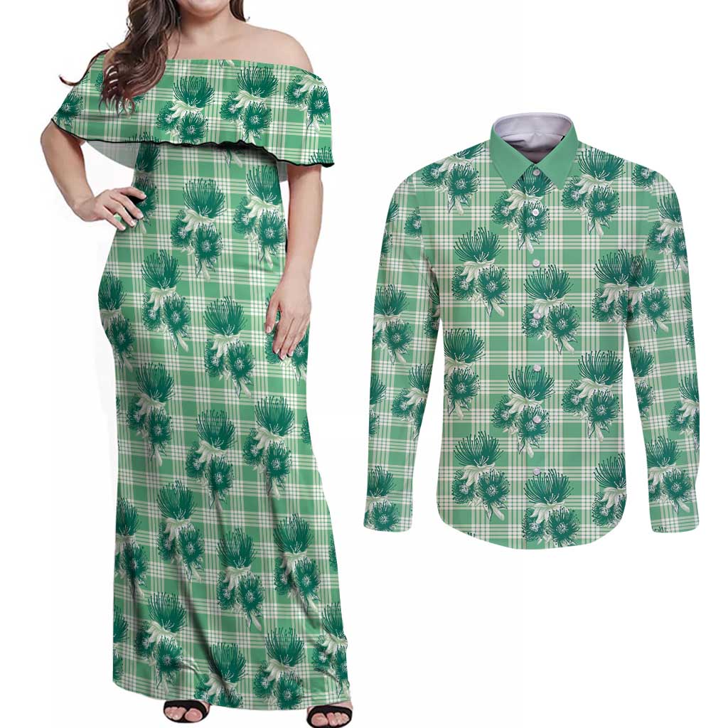 Green Palaka Hawaii Couples Matching Off Shoulder Maxi Dress and Long Sleeve Button Shirt Hawaiian Lehua Blossoms
