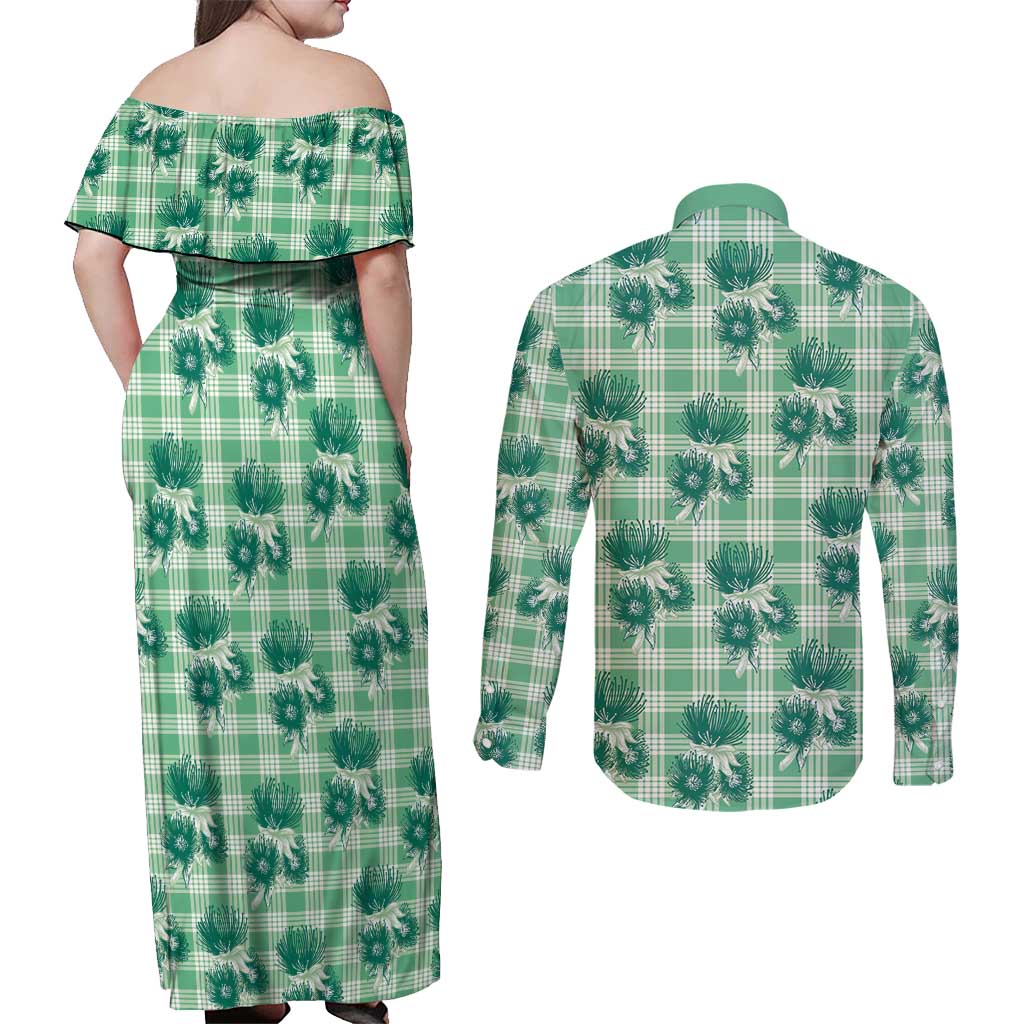 Green Palaka Hawaii Couples Matching Off Shoulder Maxi Dress and Long Sleeve Button Shirt Hawaiian Lehua Blossoms