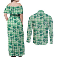 Green Palaka Hawaii Couples Matching Off Shoulder Maxi Dress and Long Sleeve Button Shirt Hawaiian Lehua Blossoms