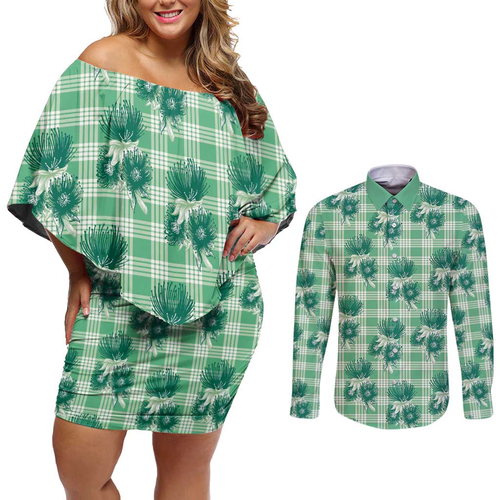 Green Palaka Hawaii Couples Matching Off Shoulder Short Dress and Long Sleeve Button Shirt Hawaiian Lehua Blossoms