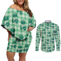 Green Palaka Hawaii Couples Matching Off Shoulder Short Dress and Long Sleeve Button Shirt Hawaiian Lehua Blossoms