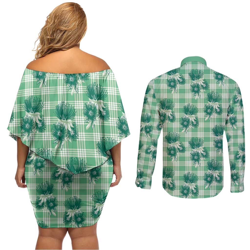 Green Palaka Hawaii Couples Matching Off Shoulder Short Dress and Long Sleeve Button Shirt Hawaiian Lehua Blossoms