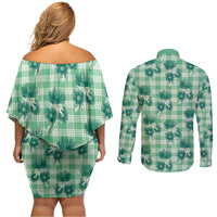 Green Palaka Hawaii Couples Matching Off Shoulder Short Dress and Long Sleeve Button Shirt Hawaiian Lehua Blossoms