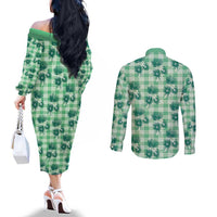 Green Palaka Hawaii Couples Matching Off The Shoulder Long Sleeve Dress and Long Sleeve Button Shirt Hawaiian Lehua Blossoms