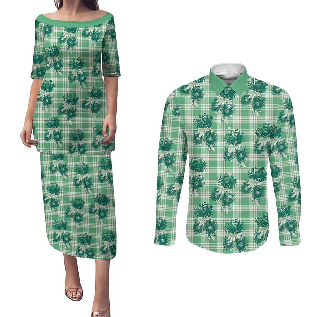 Green Palaka Hawaii Couples Matching Puletasi and Long Sleeve Button Shirt Hawaiian Lehua Blossoms