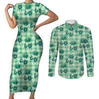 Green Palaka Hawaii Couples Matching Short Sleeve Bodycon Dress and Long Sleeve Button Shirt Hawaiian Lehua Blossoms