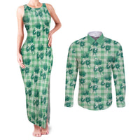 Green Palaka Hawaii Couples Matching Tank Maxi Dress and Long Sleeve Button Shirt Hawaiian Lehua Blossoms