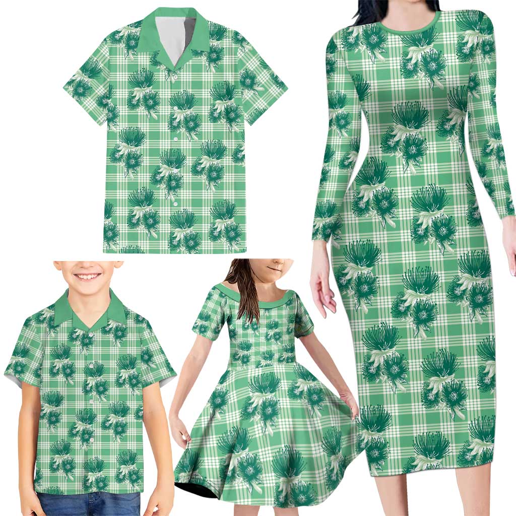 Green Palaka Hawaii Family Matching Long Sleeve Bodycon Dress and Hawaiian Shirt Hawaiian Lehua Blossoms LT05 - Polynesian Pride