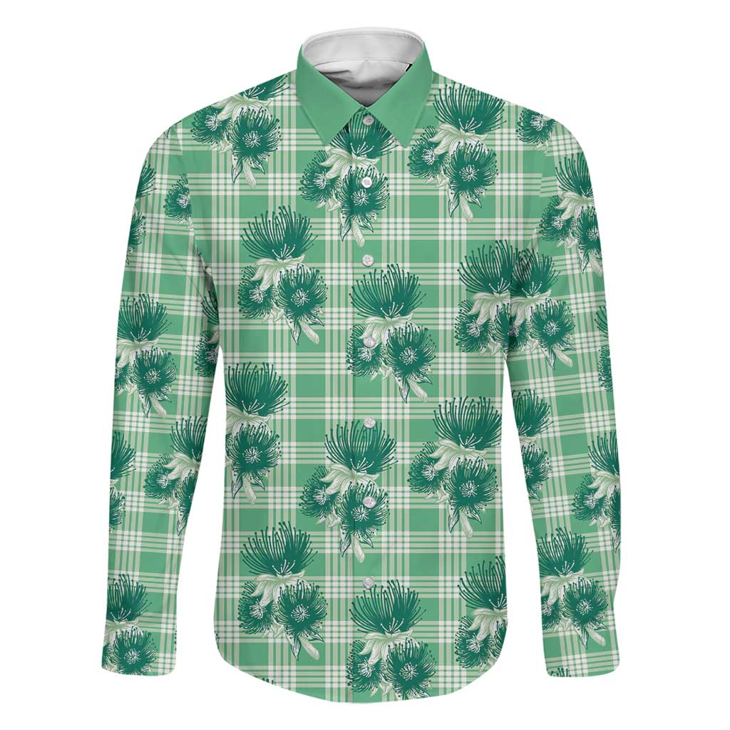 Green Palaka Hawaii Family Matching Long Sleeve Bodycon Dress and Hawaiian Shirt Hawaiian Lehua Blossoms LT05 Dad's Shirt - Long Sleeve Green - Polynesian Pride