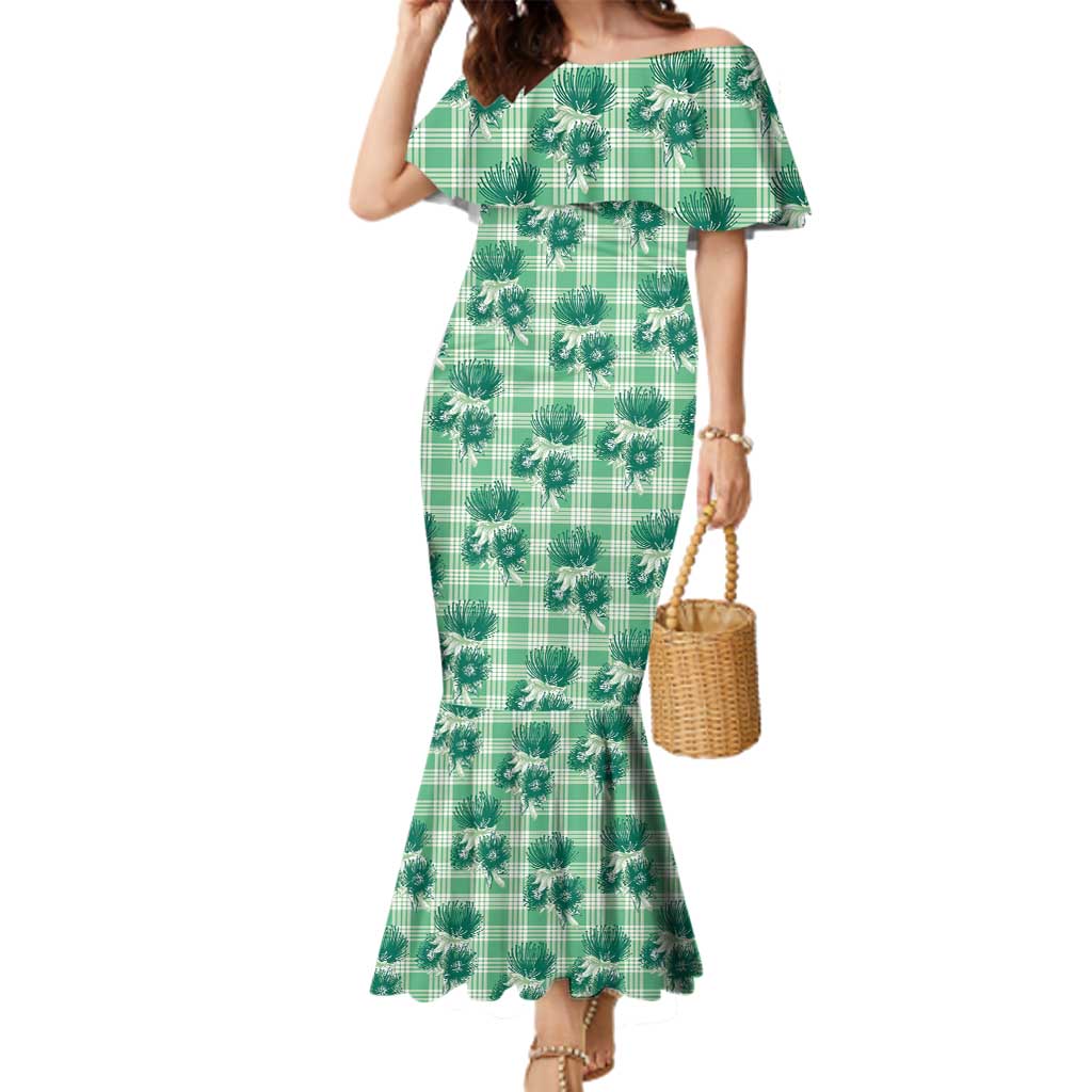 Green Palaka Hawaii Family Matching Mermaid Dress and Hawaiian Shirt Hawaiian Lehua Blossoms LT05 Mom's Dress Green - Polynesian Pride