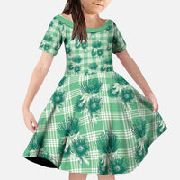 Green Palaka Hawaii Family Matching Off The Shoulder Long Sleeve Dress and Hawaiian Shirt Hawaiian Lehua Blossoms LT05 Daughter's Dress Green - Polynesian Pride