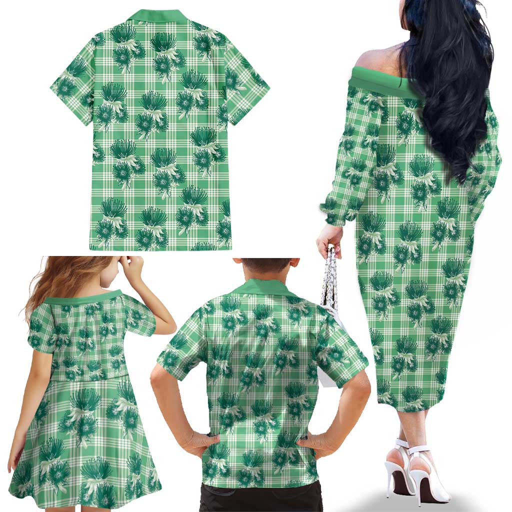 Green Palaka Hawaii Family Matching Off The Shoulder Long Sleeve Dress and Hawaiian Shirt Hawaiian Lehua Blossoms LT05 - Polynesian Pride