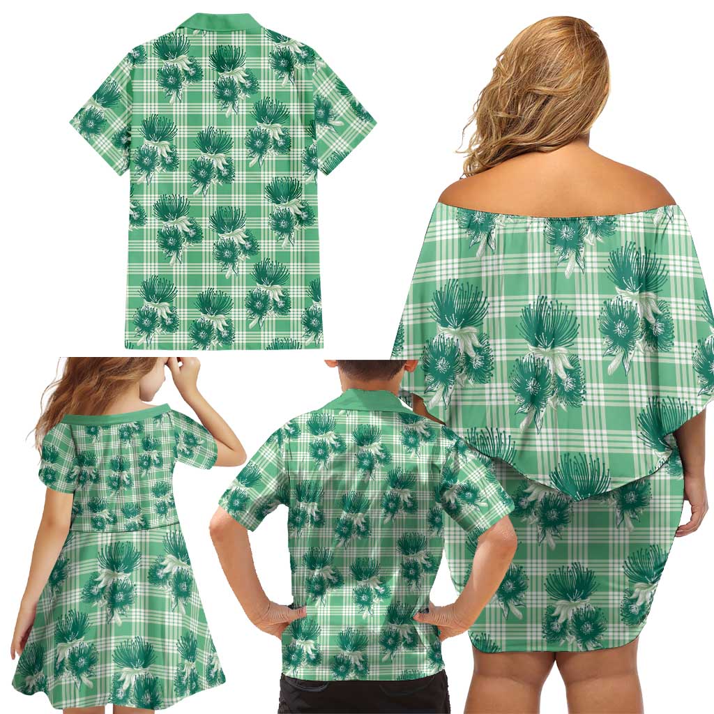 Green Palaka Hawaii Family Matching Off Shoulder Short Dress and Hawaiian Shirt Hawaiian Lehua Blossoms LT05 - Polynesian Pride