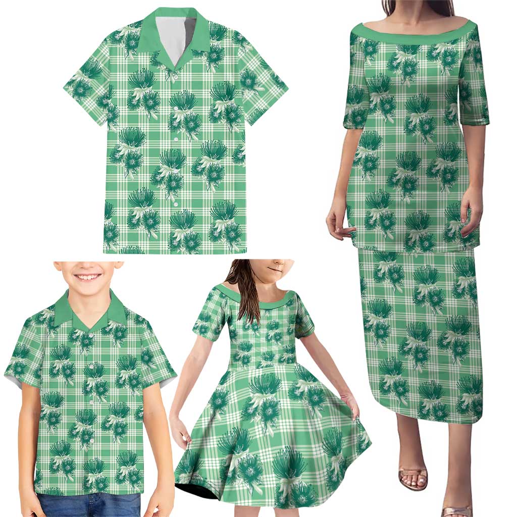 Green Palaka Hawaii Family Matching Puletasi and Hawaiian Shirt Hawaiian Lehua Blossoms LT05 - Polynesian Pride