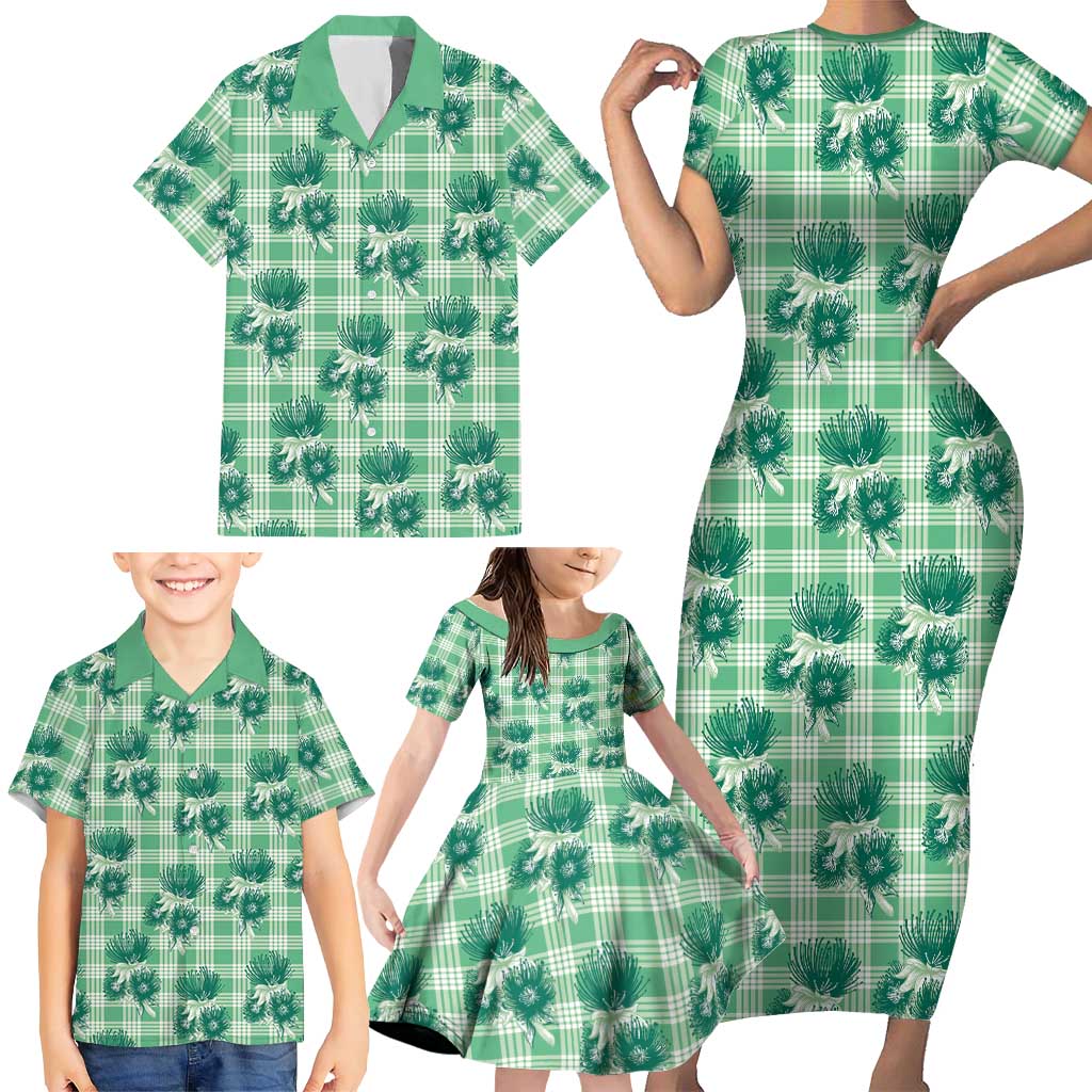 Green Palaka Hawaii Family Matching Short Sleeve Bodycon Dress and Hawaiian Shirt Hawaiian Lehua Blossoms LT05 - Polynesian Pride