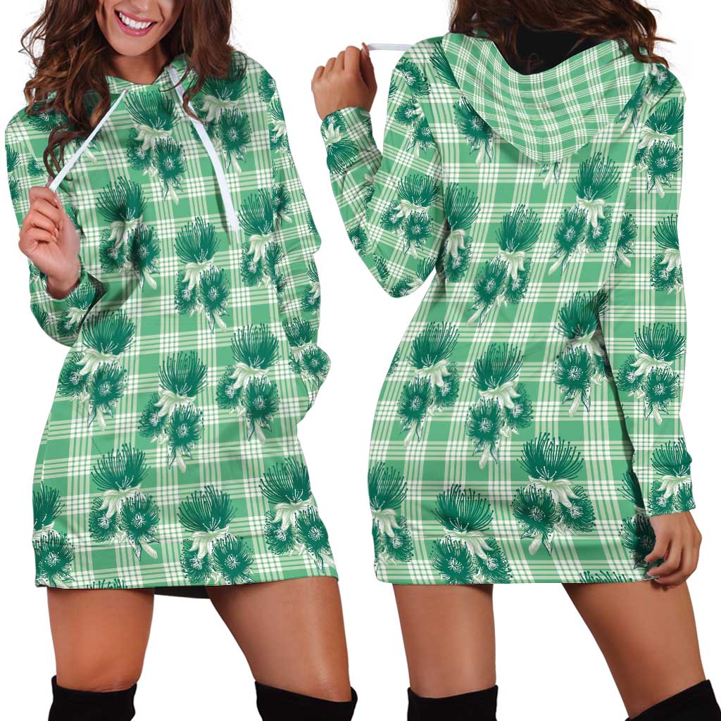 Green Palaka Hawaii Hoodie Dress Hawaiian Lehua Blossoms