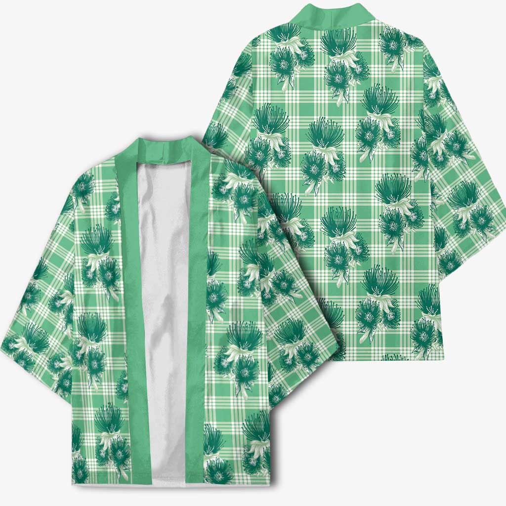 Green Palaka Hawaii Kimono Hawaiian Lehua Blossoms