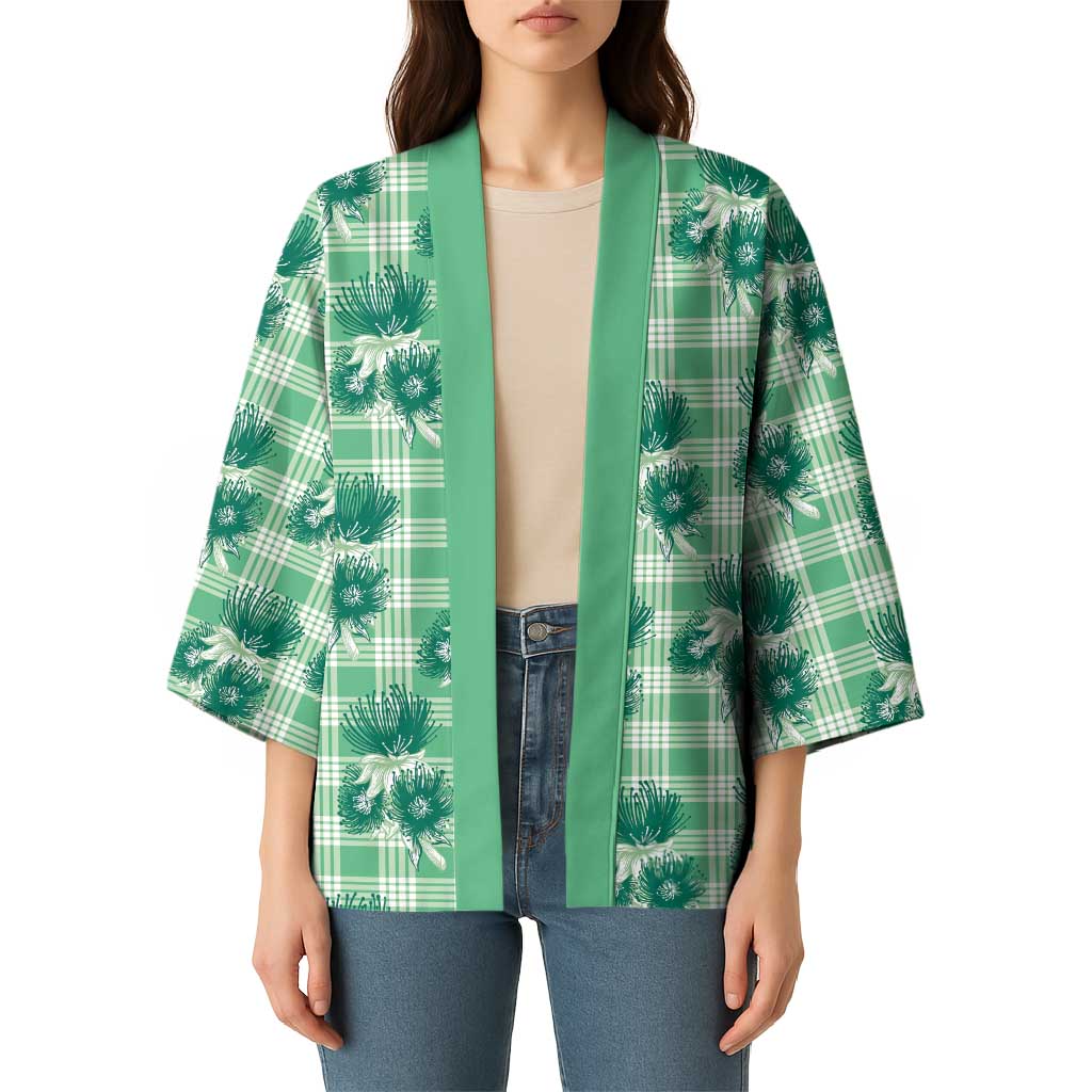 Green Palaka Hawaii Kimono Hawaiian Lehua Blossoms