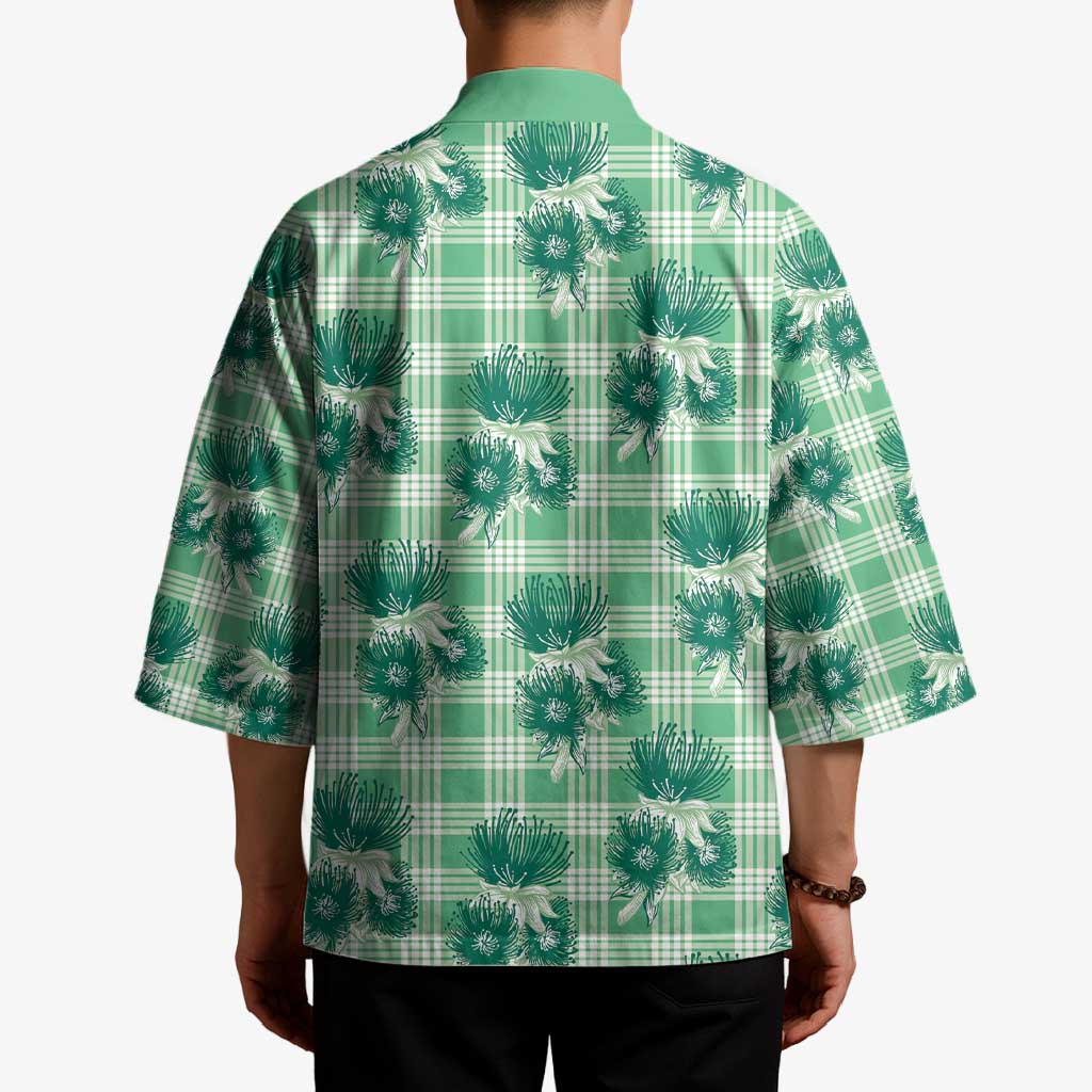 Green Palaka Hawaii Kimono Hawaiian Lehua Blossoms