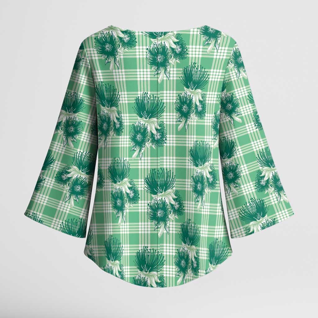 Green Palaka Hawaii Kimono Sleeve Blouse Hawaiian Lehua Blossoms