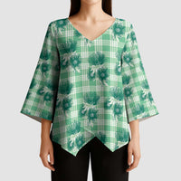 Green Palaka Hawaii Kimono Sleeve Blouse Hawaiian Lehua Blossoms