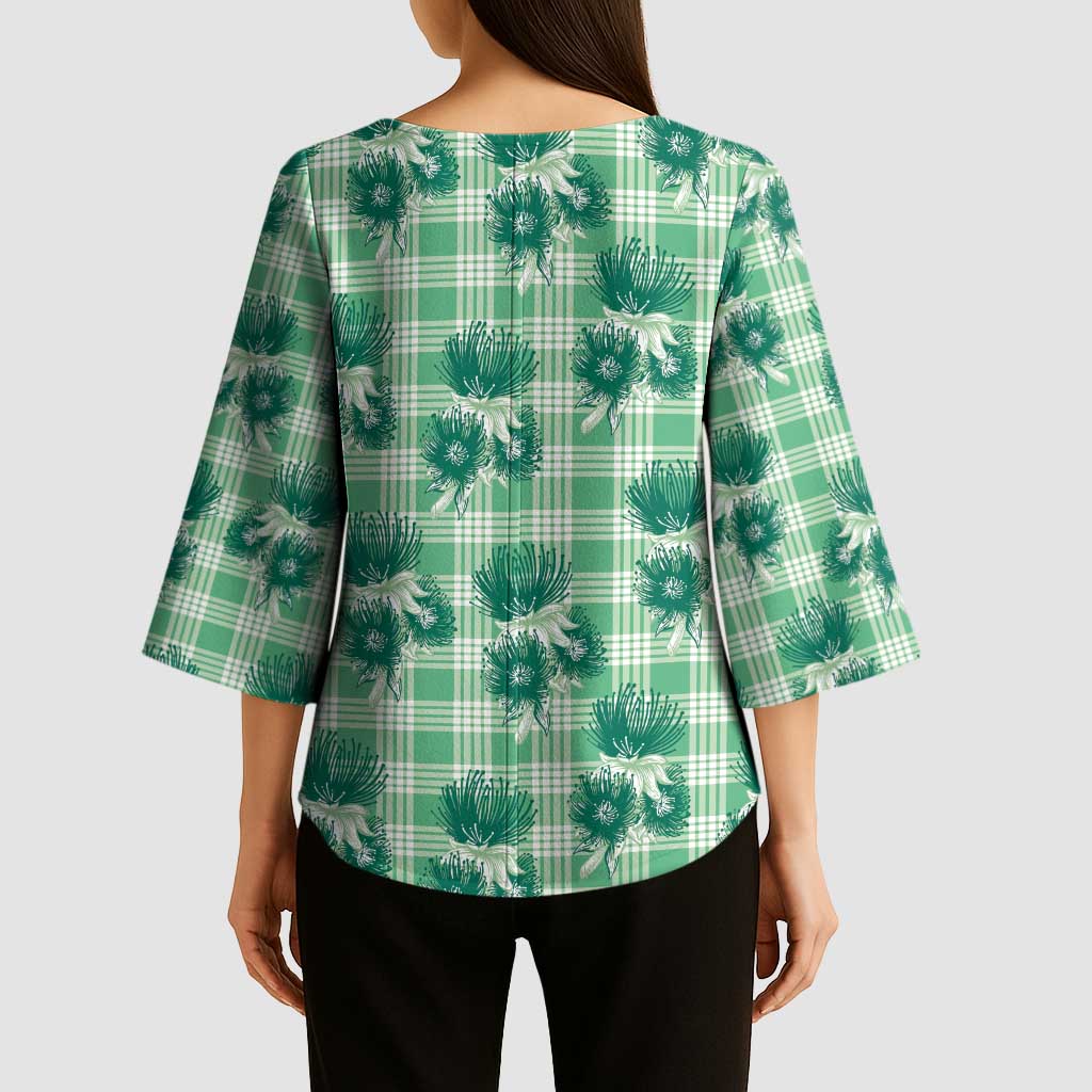 Green Palaka Hawaii Kimono Sleeve Blouse Hawaiian Lehua Blossoms