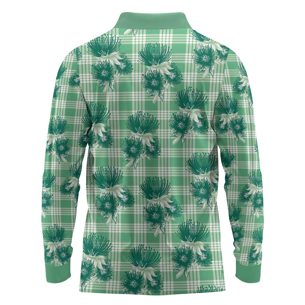Green Palaka Hawaii Long Sleeve Polo Shirt Hawaiian Lehua Blossoms
