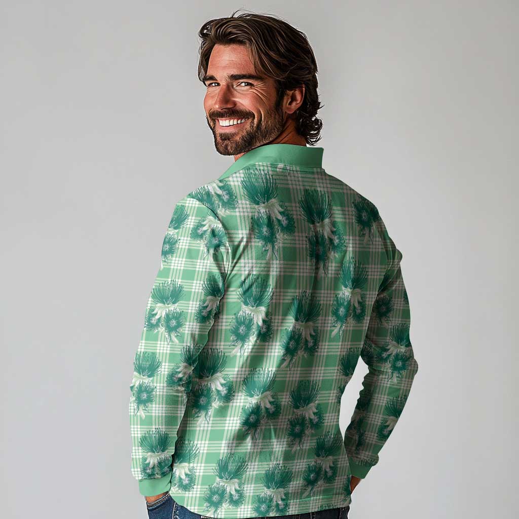 Green Palaka Hawaii Long Sleeve Polo Shirt Hawaiian Lehua Blossoms