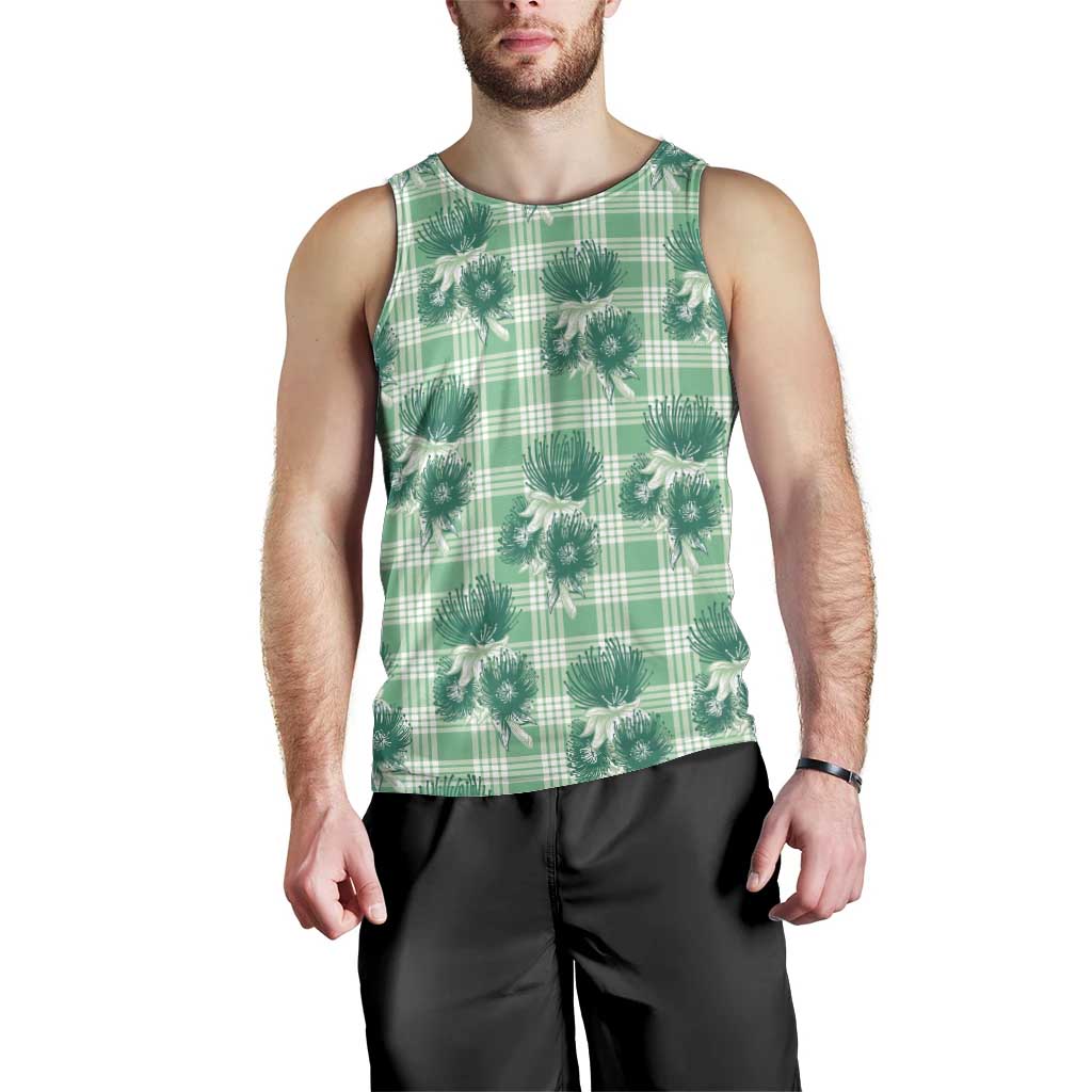 Green Palaka Hawaii Men Tank Top Hawaiian Lehua Blossoms