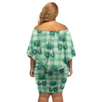 Green Palaka Hawaii Off Shoulder Short Dress Hawaiian Lehua Blossoms